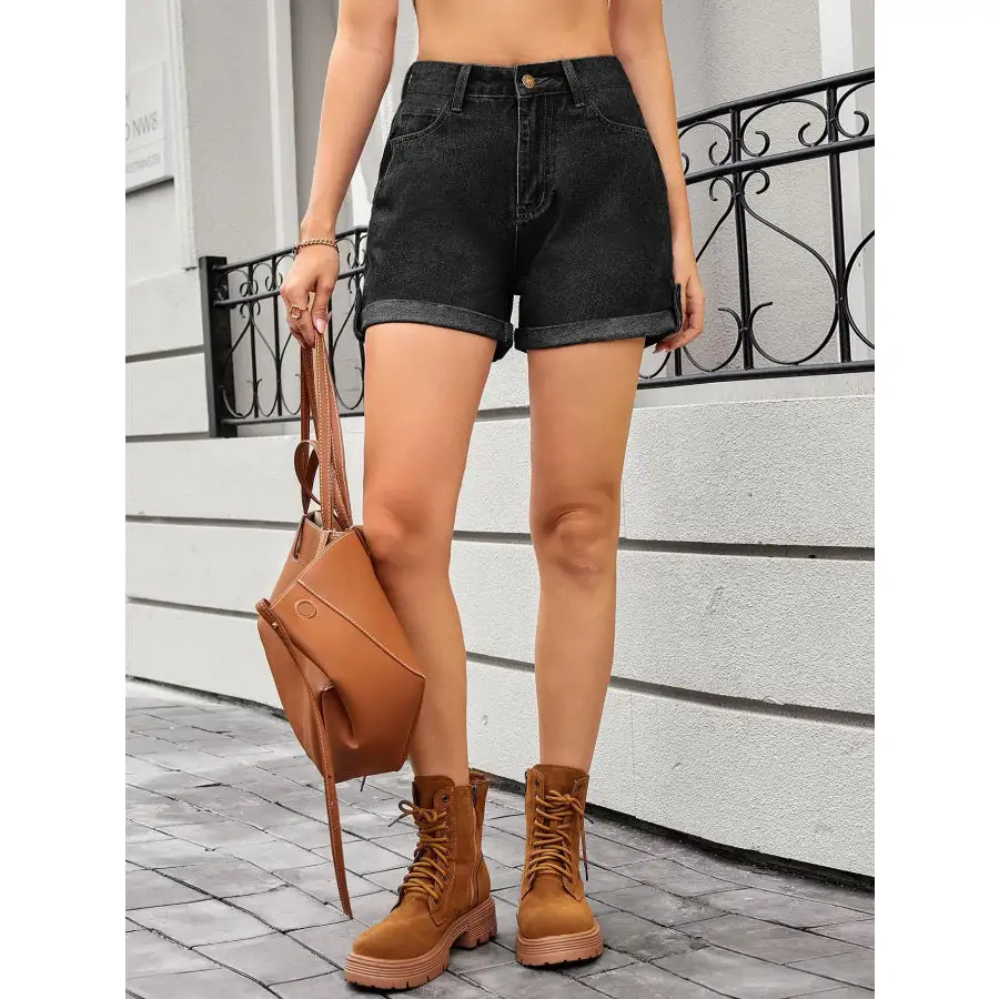 Buttoned Rolled Hem High Waist Pocketed Shorts