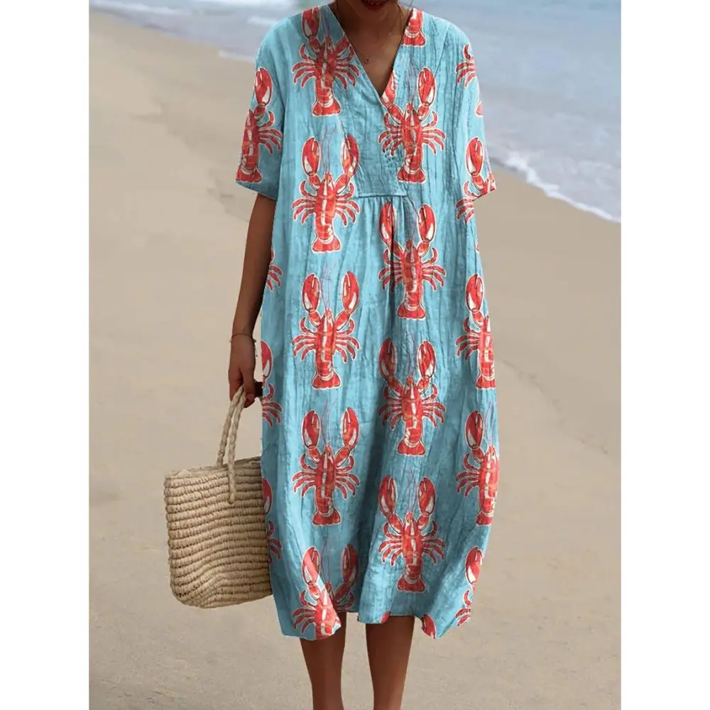 Ocean Print V Neck Casual Dress