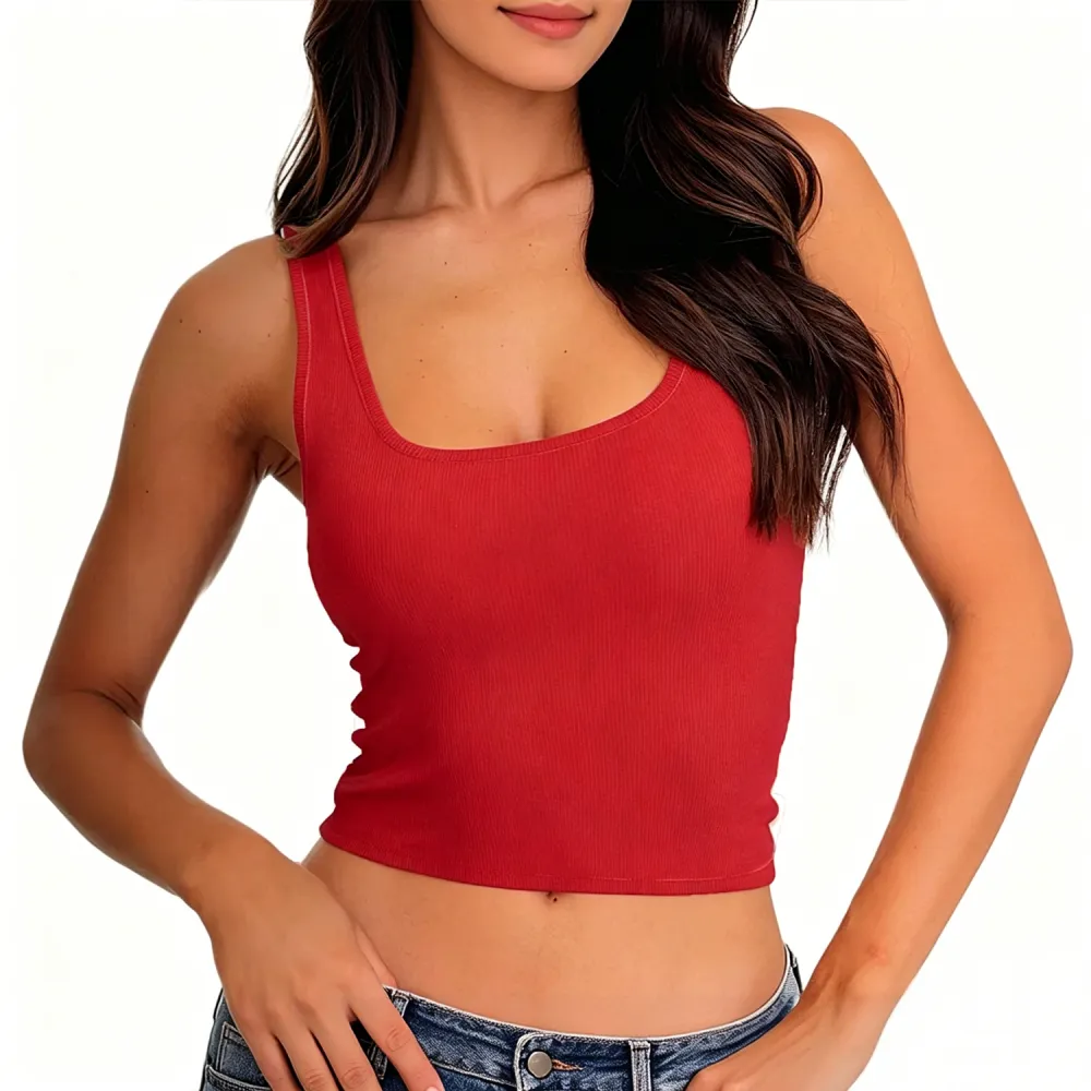 Women Rib Tank Top Padded Workout Top Square Neck Crop Tank