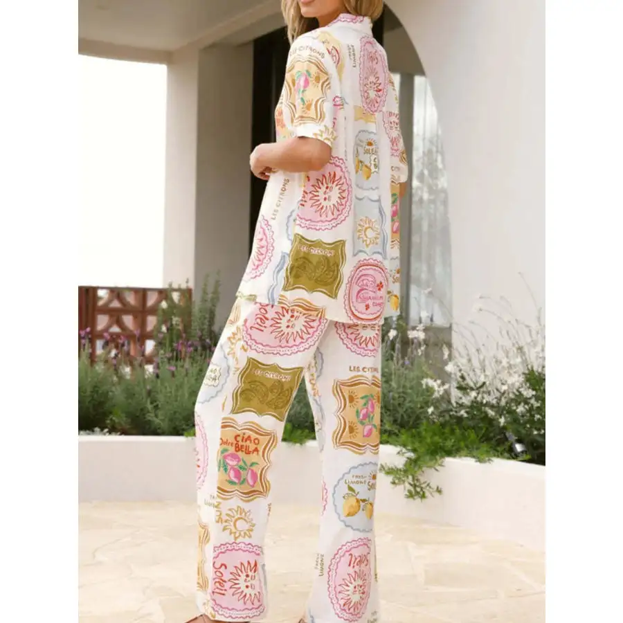 Simple Printed Button Up Shirt and Pants Set