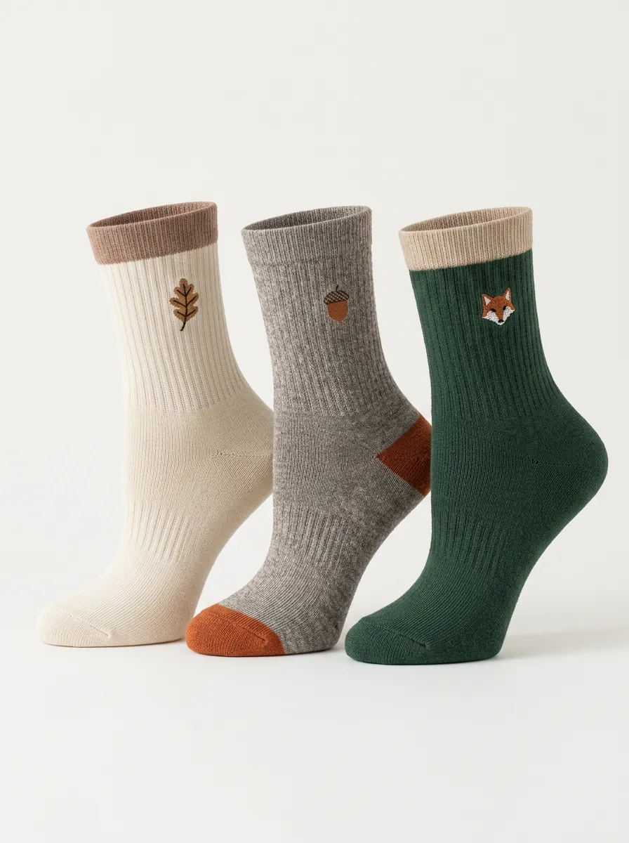Fox Botanical Embroidered Women's Three-Pair Crew Socks