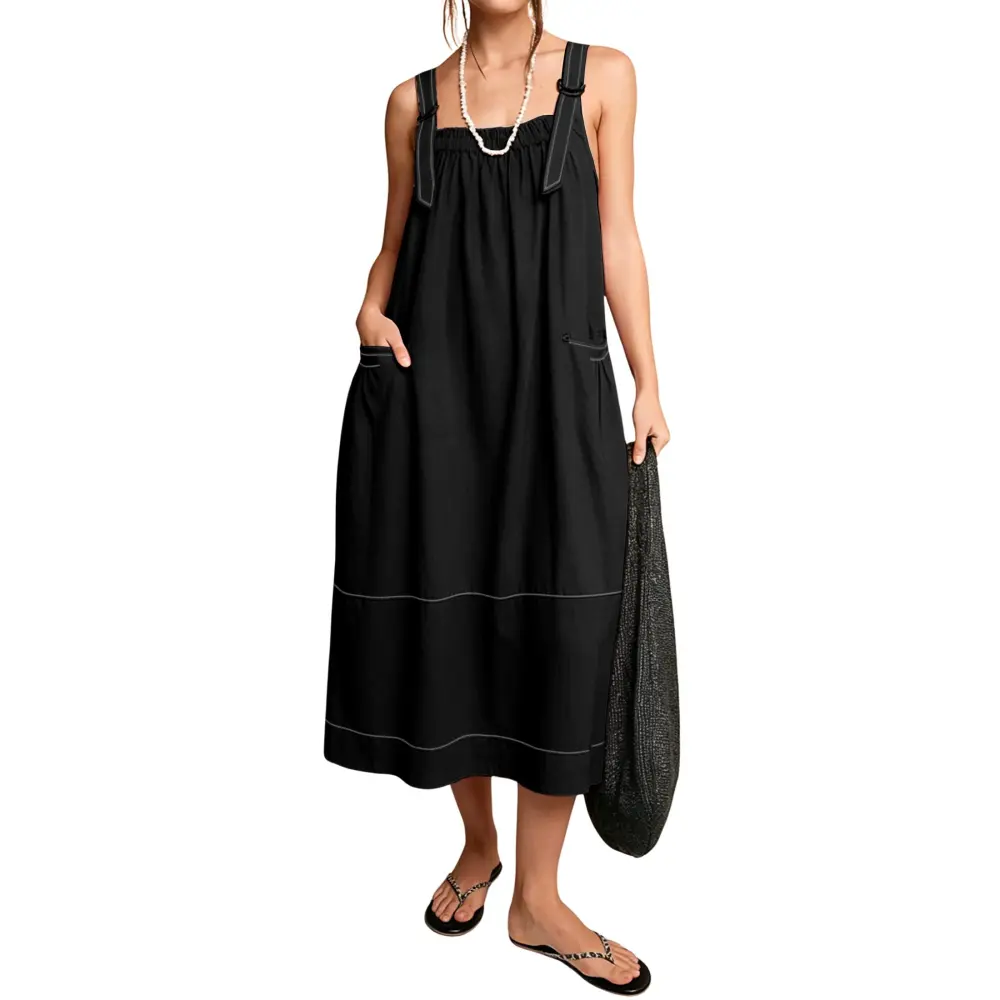 Women's Barrel Midi Dress Sleeveless Strappy Maxi Dress with Big Pockets & Adjustable Straps Minimalist Basic Casual Fall Dress