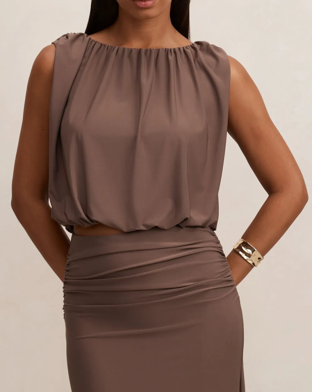 Brown Sleeveless Bubble Hem Ruched Top