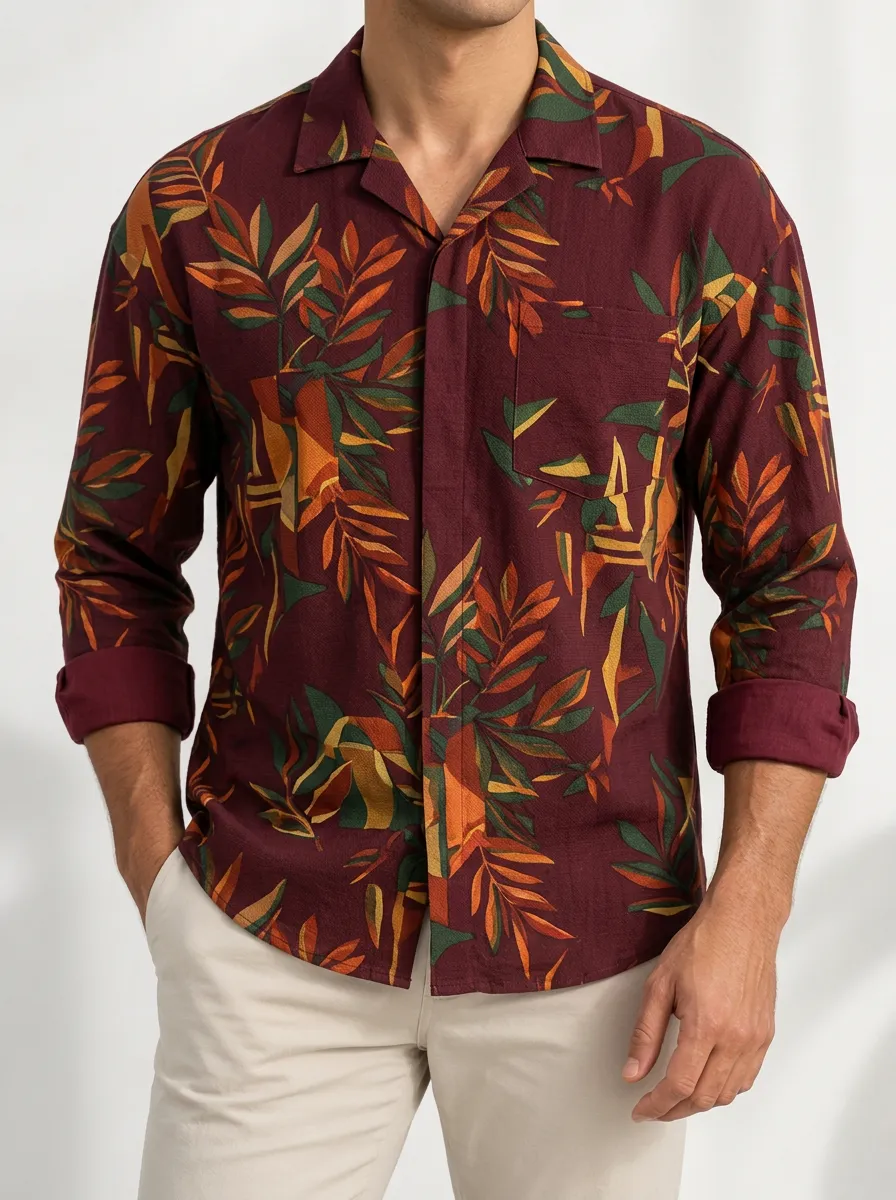Men's Tropical and Botanical Motif Long Sleeve Shirt