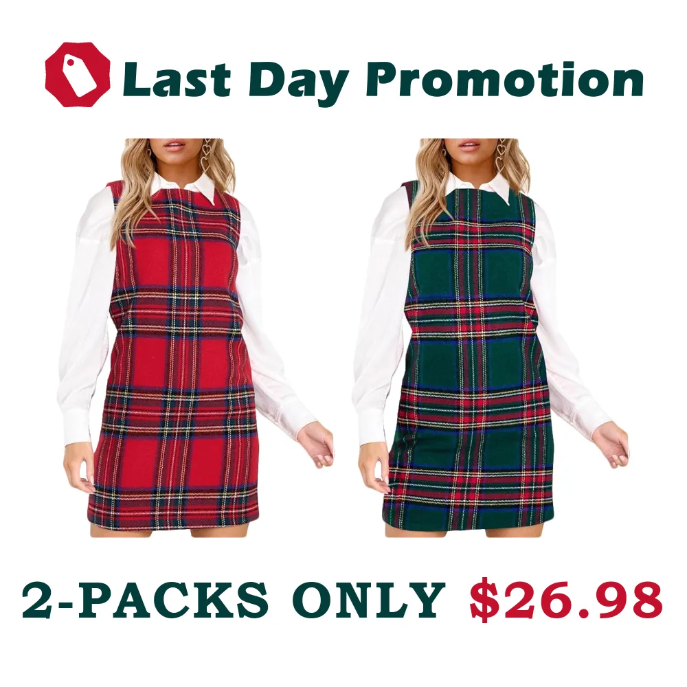🔥Last Day 49% Offer-Women's Plaid Christmas Dress Mini Sleeveless Round Neck A Line Short Xmas Party Dresses