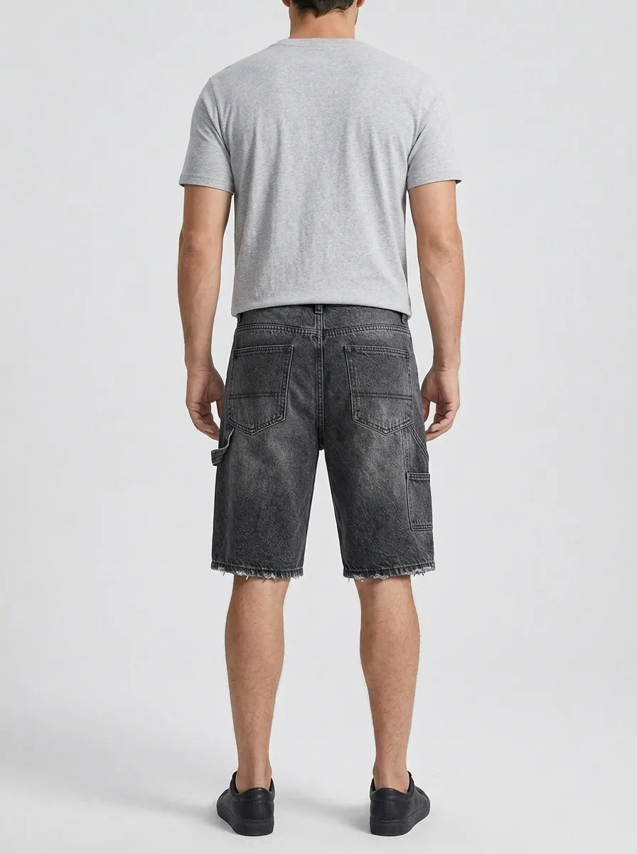 Storage-Ready Raw Hem Geometric Street Look Men's Distressed Raw Hem Denim Shorts
