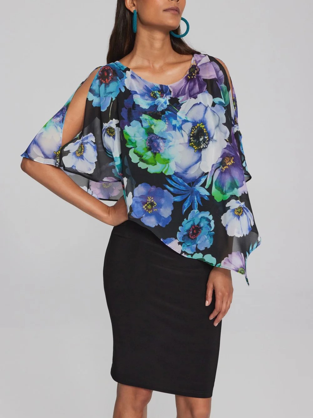 Black Multi - Floral Cape - Sleeve Dress