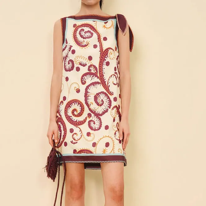 Print Straight Neck Tie Mini Dress