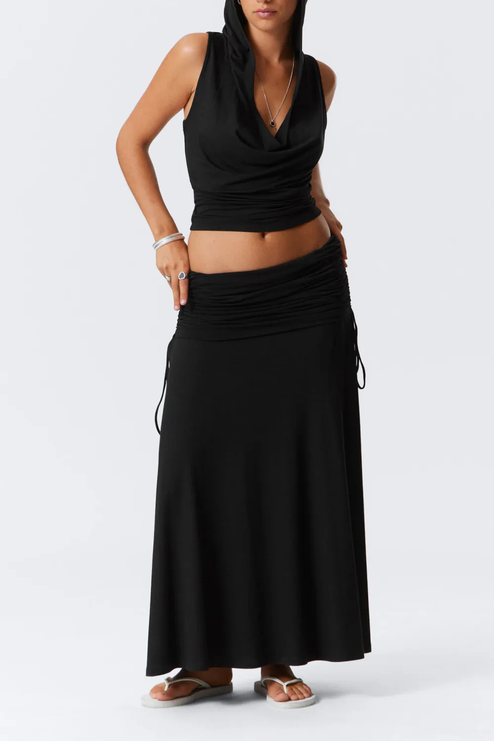 Drawstring Ruched Waist Maxi Skirt