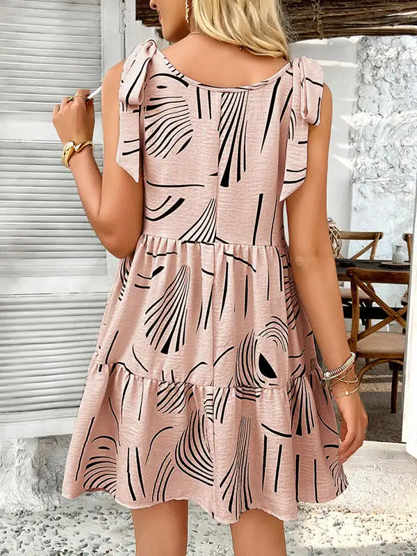 A Line Relaxed Contrast Color Pleated Pocket Printed Tied Spaghetti Neck