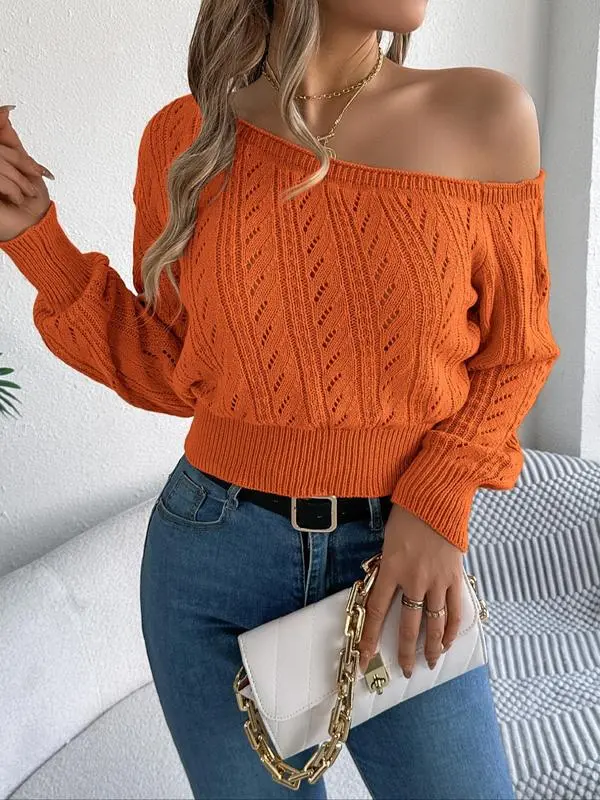 Women's Plain Textured Hollow Out Asymmetrical Neckline Longsleeves Sweater Knitwear, Elegant Casual Raglan Sleeve Long Sleeve Jumper for Fall & Winter, Fashion Ladies' Knitwear for Daily Wear, Women's Clothing, Go Out Tops, Trending Clothing Women