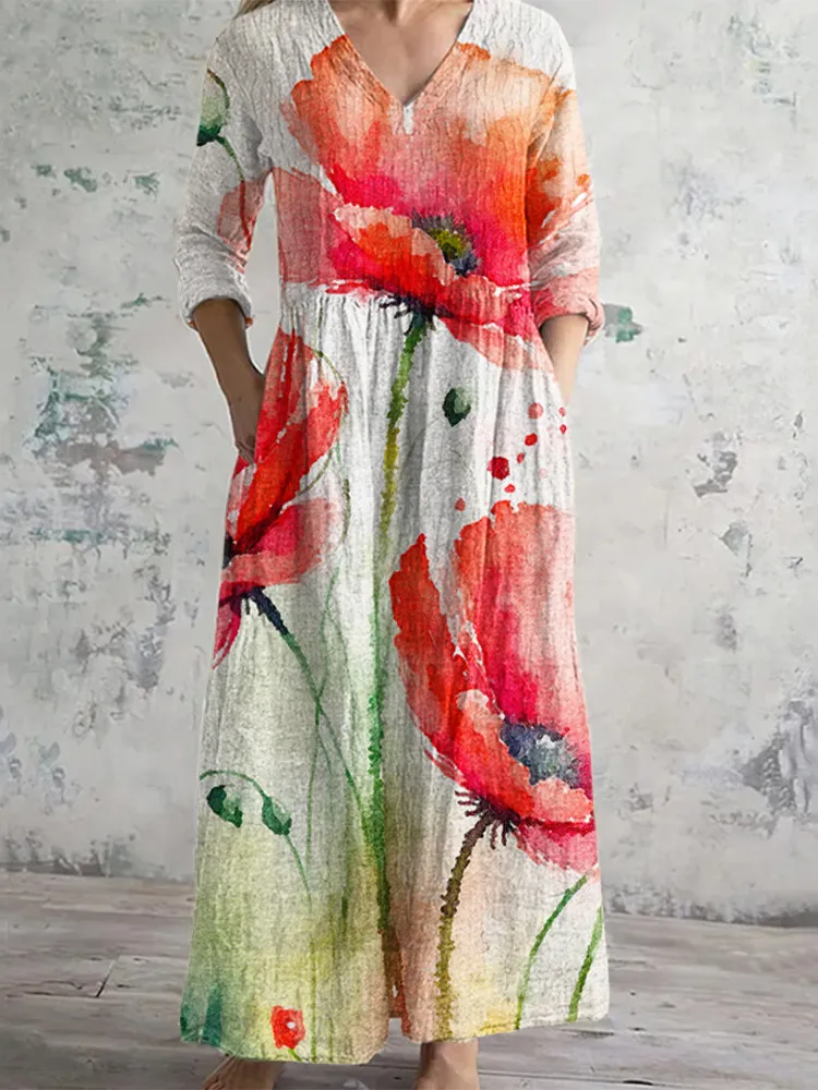 Women'S Orange Flower Print V-Neck Dress