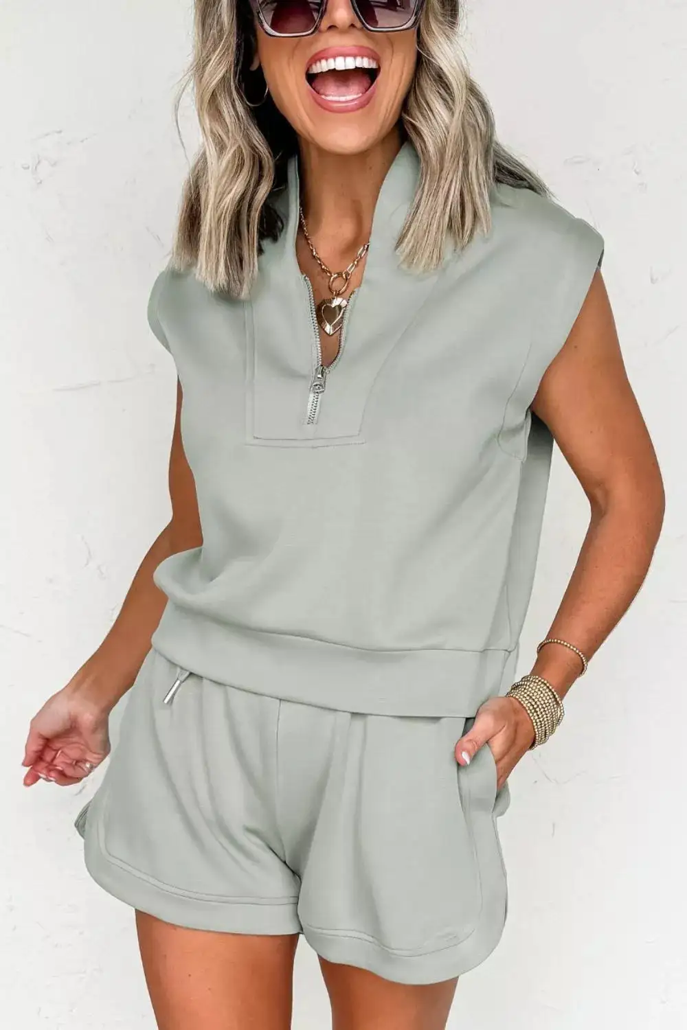 Quarter Zip Sleeveless Top Drawstring Shorts Casual Pcs Outfit