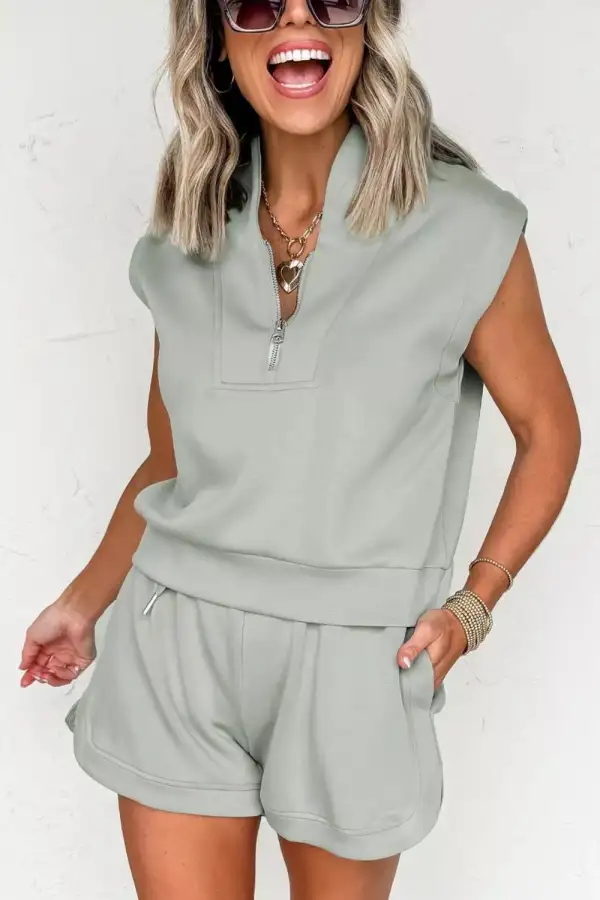 Quarter Zip Sleeveless Top Drawstring Shorts Casual Pcs Outfit