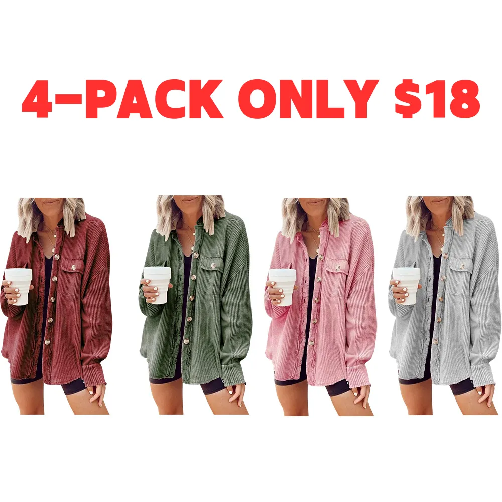 Women's Loose Fit Batwing Sleeve Waffle Knit Button Down Shirt Shacket Tops