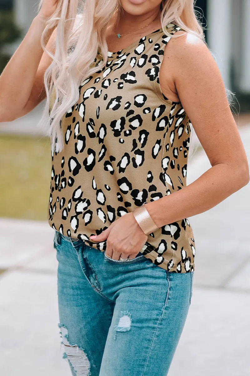 Resort Leopard Print Crew Neck Tank Top