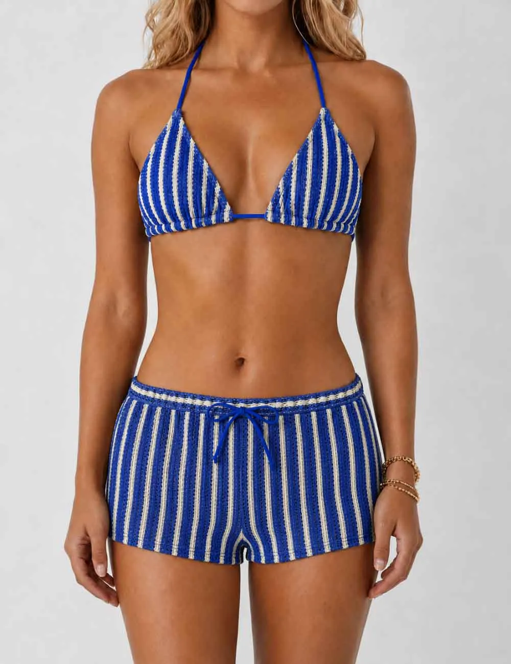 Crochet Triangle Three Piece Bikini Set with Cover Up Shorts