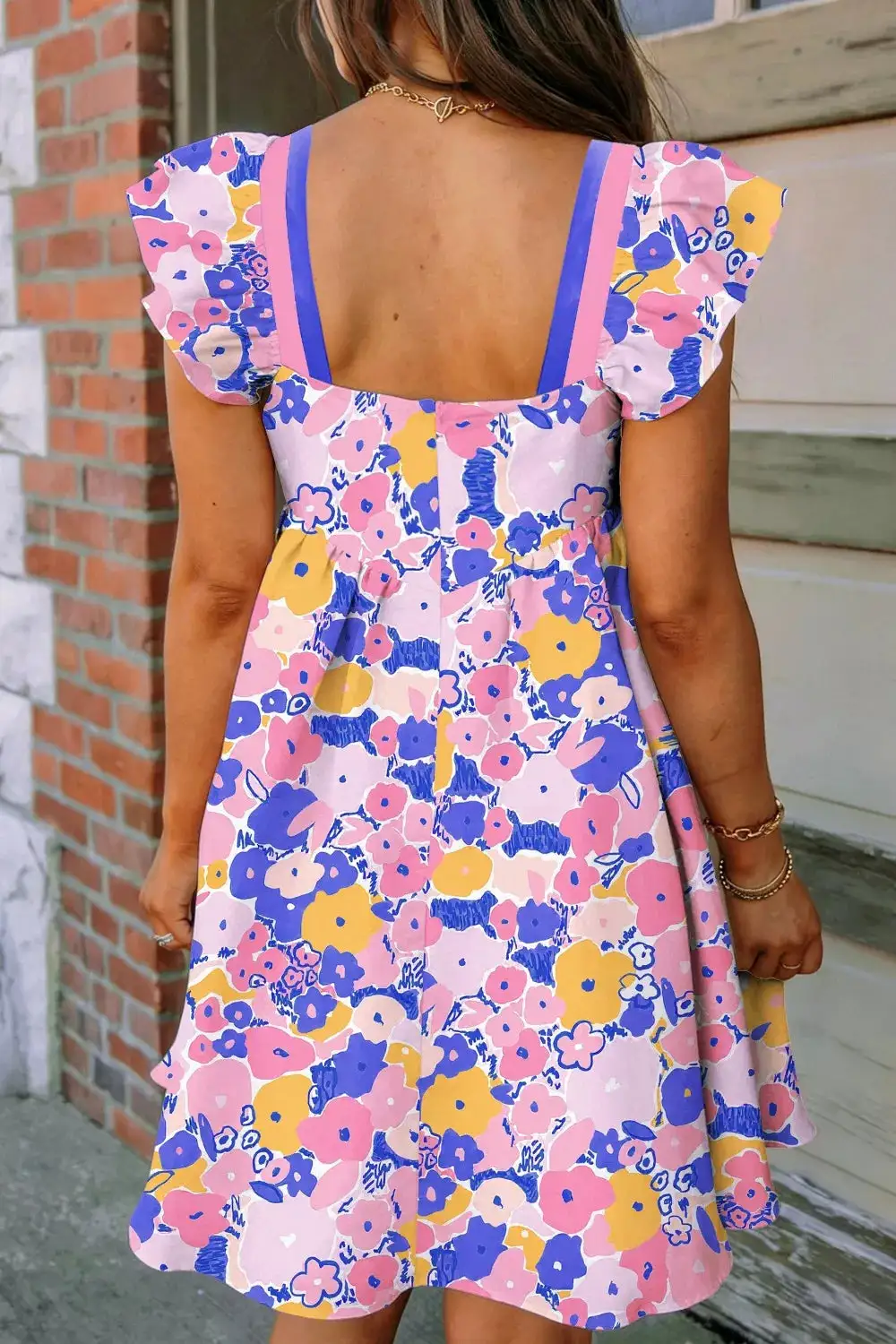 Gathered Detail Floral Striped Square Neck Mini Dress