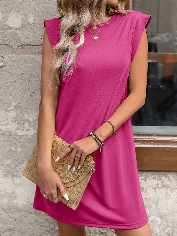 A Line Relaxed Solid Color Split Joint Round Neck Mini Dress