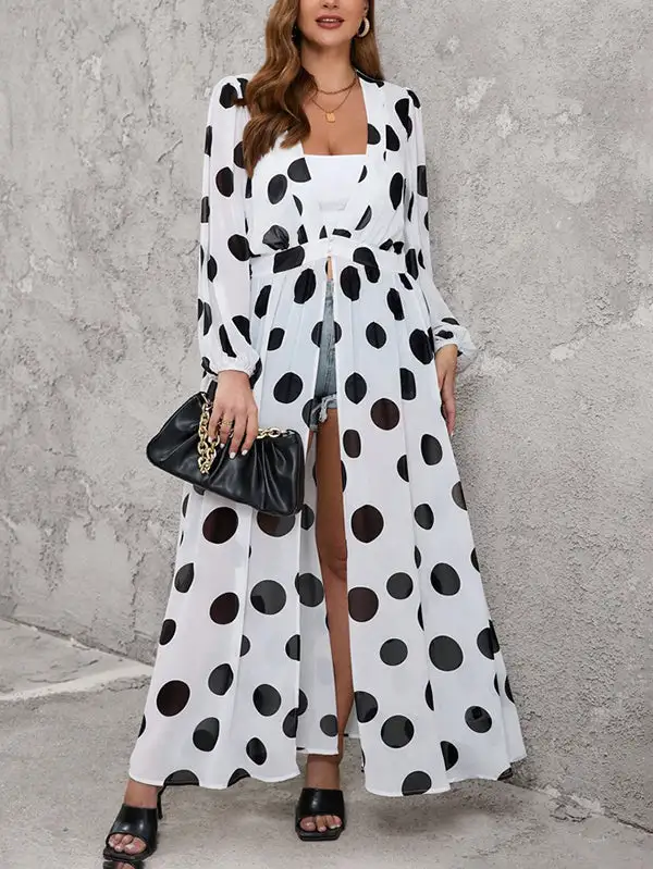 Pleated Polka Dot Long Neck Maxi Dress