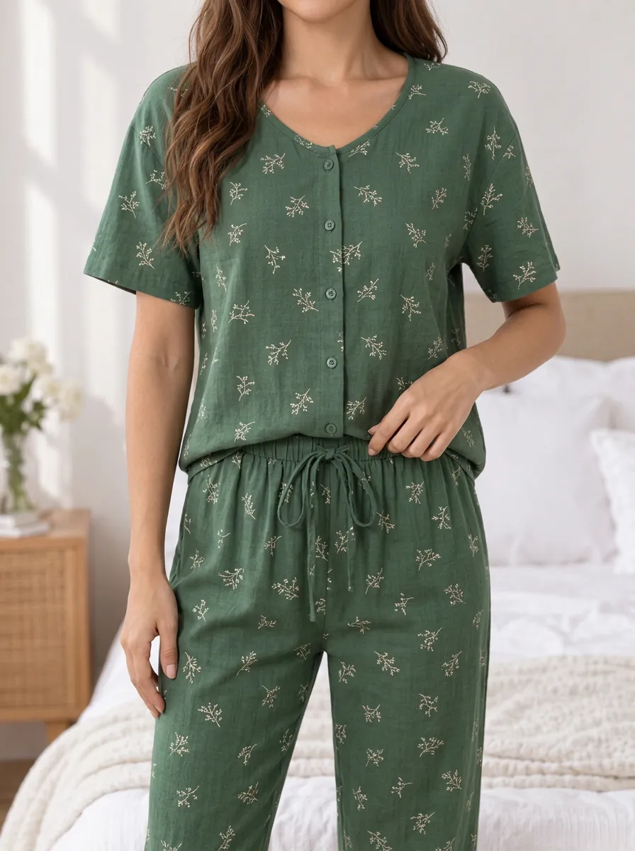 Women's Botanical Floral Button Front Short Sleeve Drawstring Pajama Set