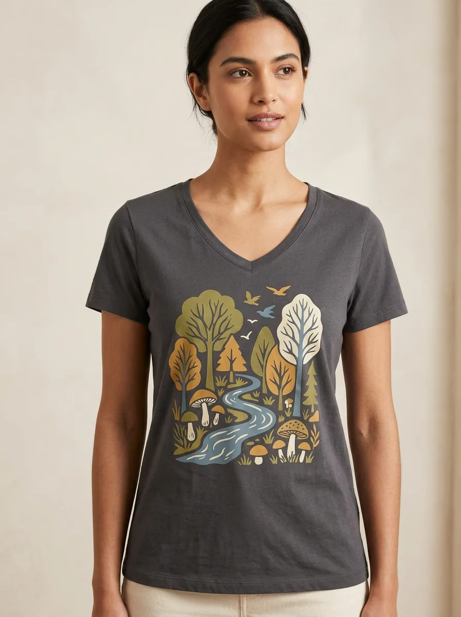 Women's Nature Forest River Mushroom Print V-Neck V-Neckline Clean Finish T-Shirt