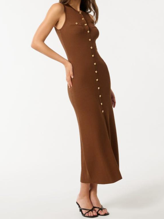 Khaki Button-Through Knit Dress