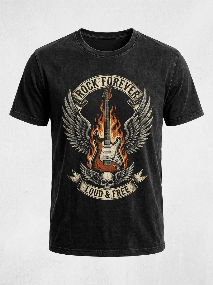 Men's Rock Music Lover Flaming Guitar Skull Wings Printed T-shirt