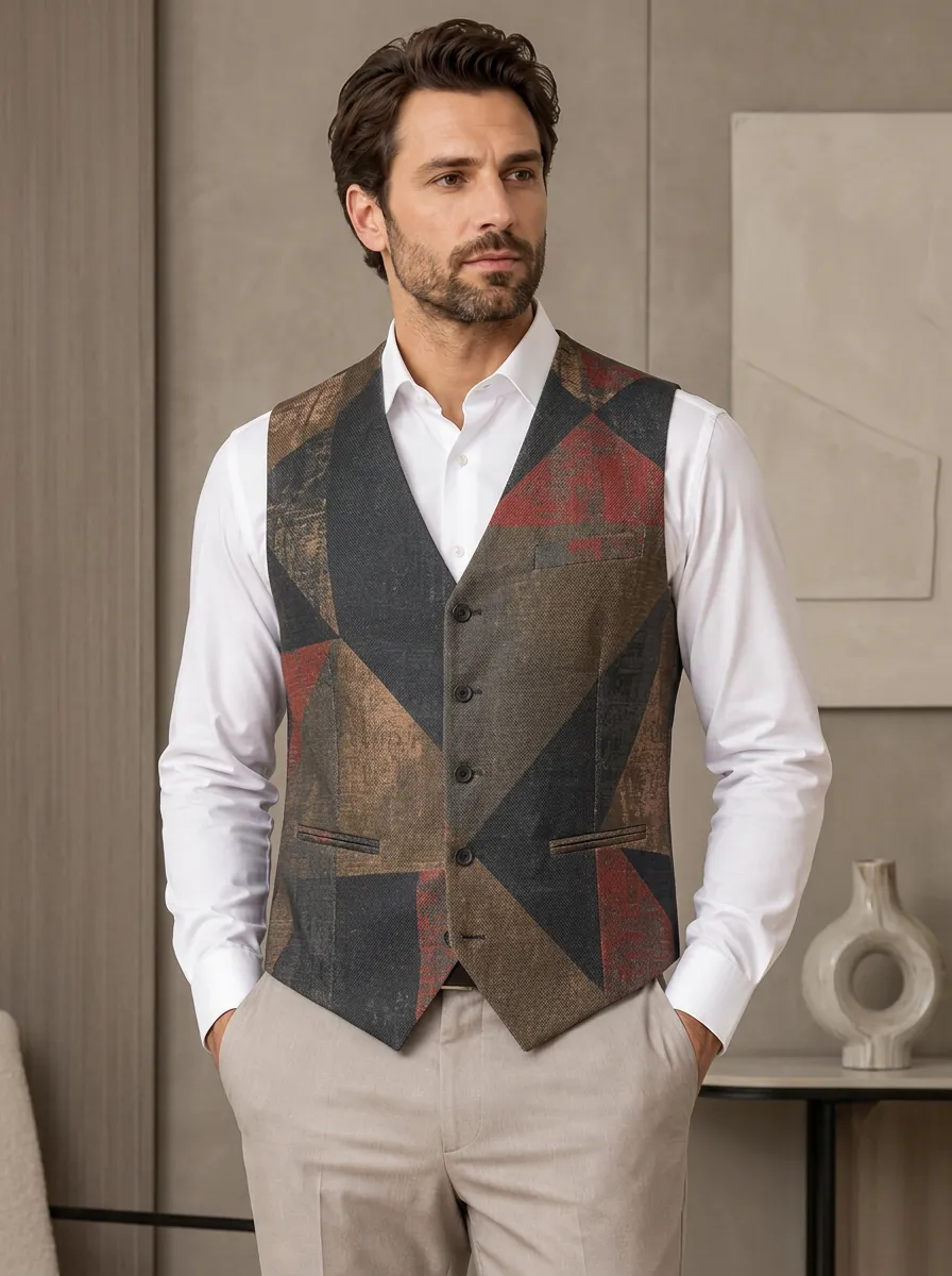 Men's Geometric Print Tailored Vest with Single chest welt pocket