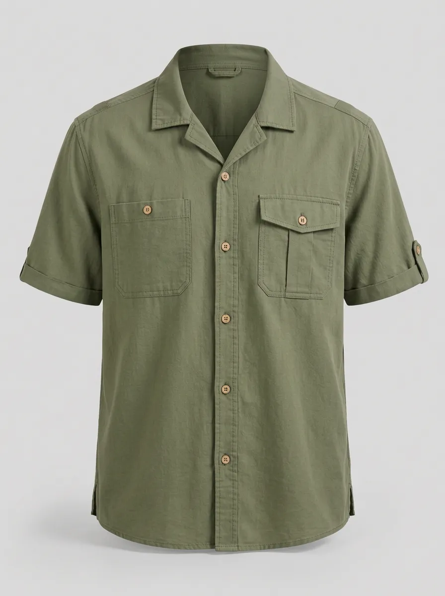 Men's Casual Olive Green Breathable Cotton Utility Short Sleeve Shirt