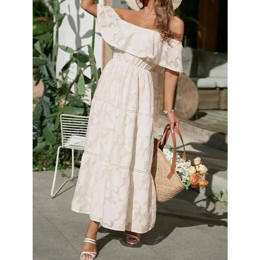 Ruched Off Shoulder Short Sleeve Midi Dress
