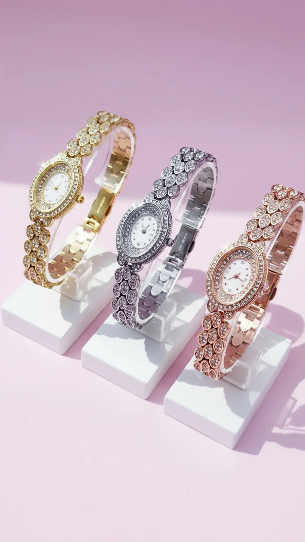 Oval Face Crystal Bezel Floral Fashion Watch