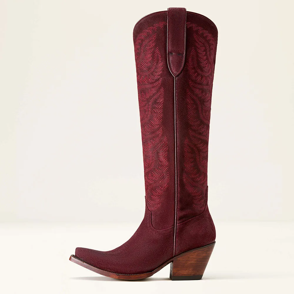 Faux-Suede Embroidered Side-Zip Zip-Up Knee-High Boots