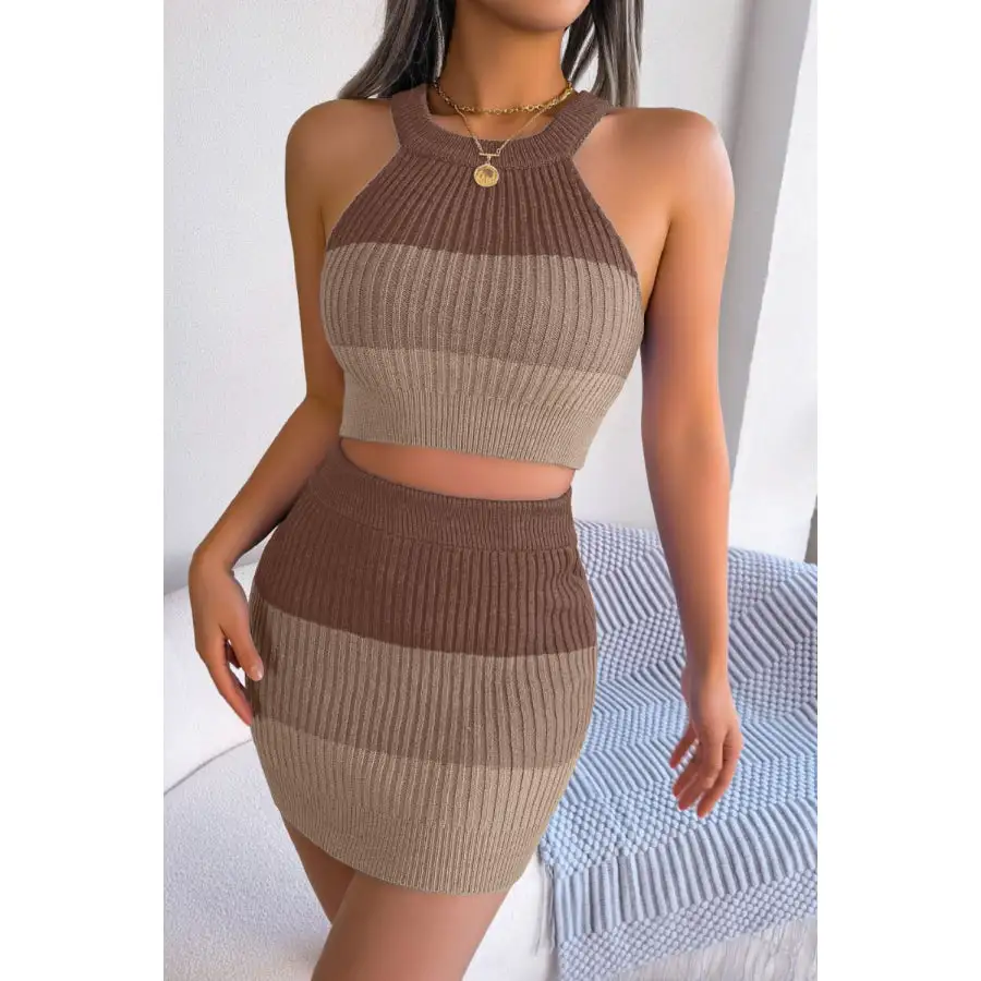 Block Sleeveless Crop Knit Top and Skirt Set