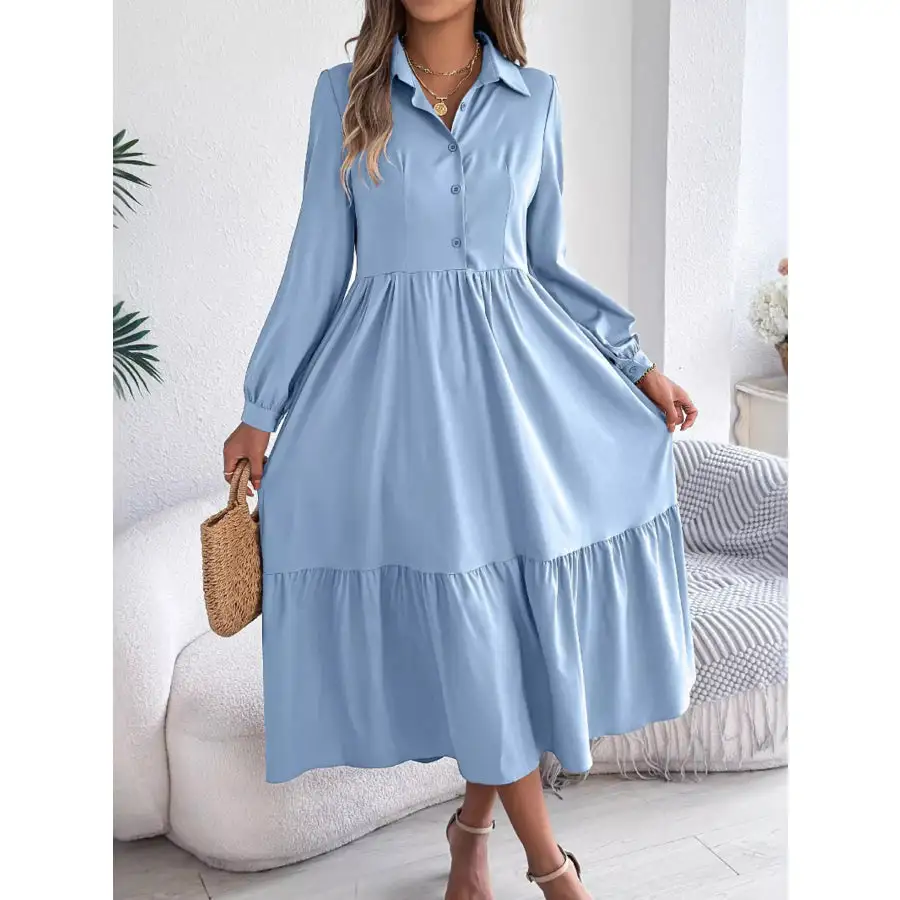 Long Sleeve Tiered Button Front Midi Dress