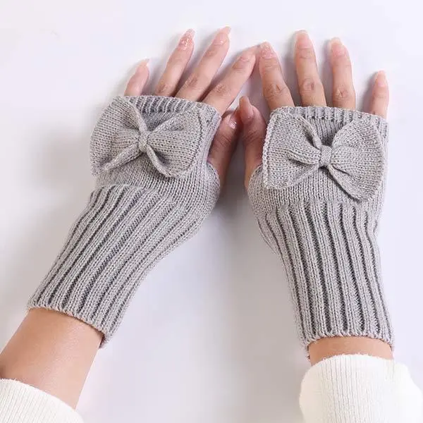 Women'S Bowknot Knitted Wool Warm Fingerless Gloves 12539938C