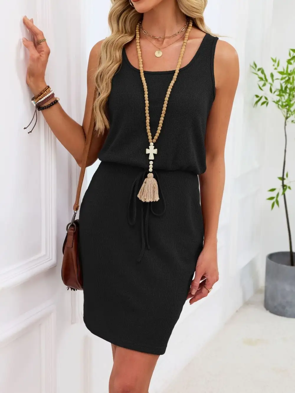 Knit Drawstring Sleeveless Sweater Dress