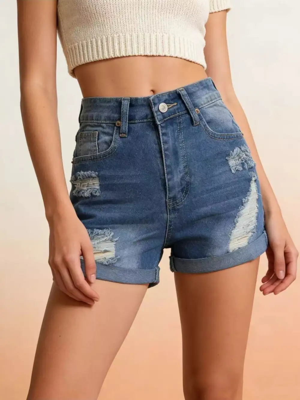 Buttoned Distressed High Waist Pocketed Shorts