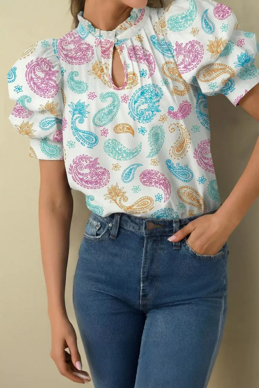 Button Front Puff Sleeve Paisley Blouse