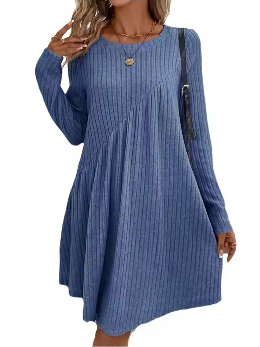 Layered Detail Ribbed Knit Long Sleeve Sweater Dress