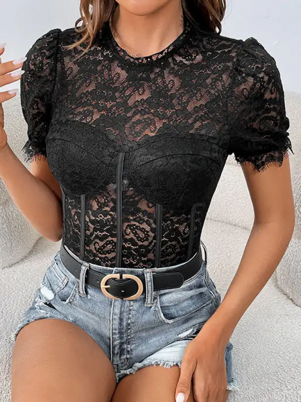 Round Neck Short Sleeve Lace Jumpsuit Shorts