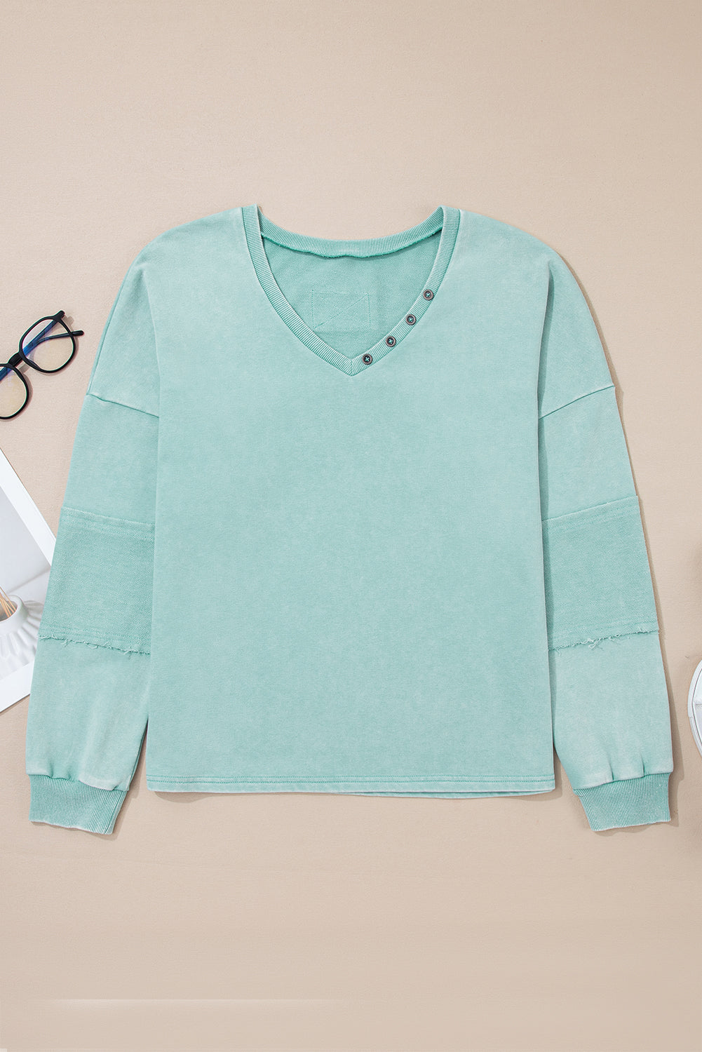 Women's Mineral Wash V Neck Button Detail Pullover Top