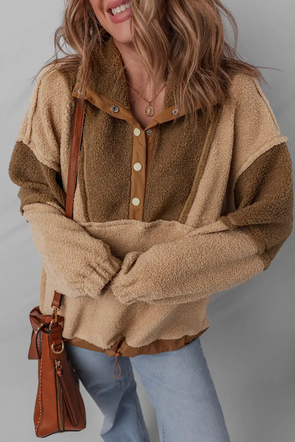 Patchwork Sherpa Half Button Sherpa Sweatshirt