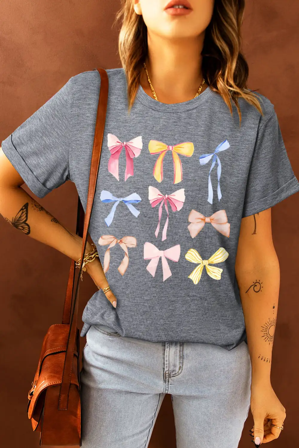 Gray Bowknots Print Round Neck