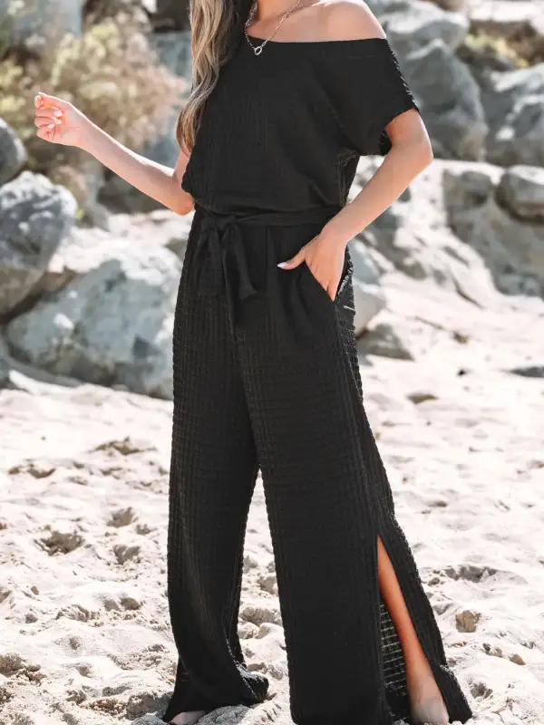 One Shoulder Short Sleeve Knotted Waist Shorts