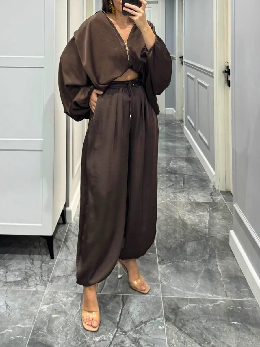 Women's solid color cross-section design casual zipper cardigan & pants set