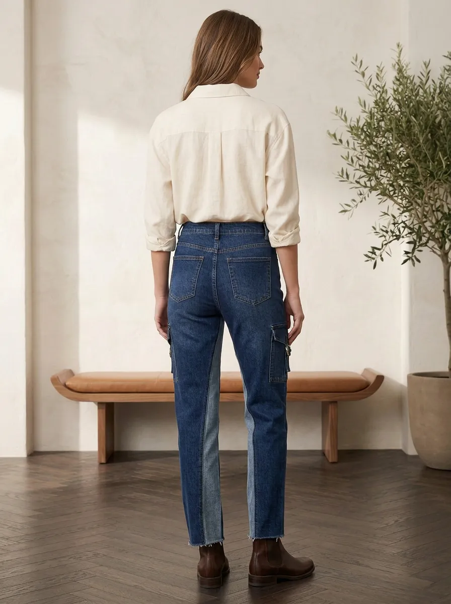 Women's Two-Tone Contrast Panel Cargo Printed Jeans