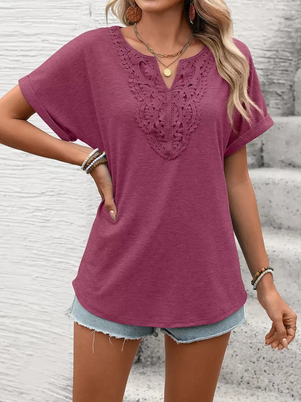 Lace Trim Detail Short Sleeve T-Shirt