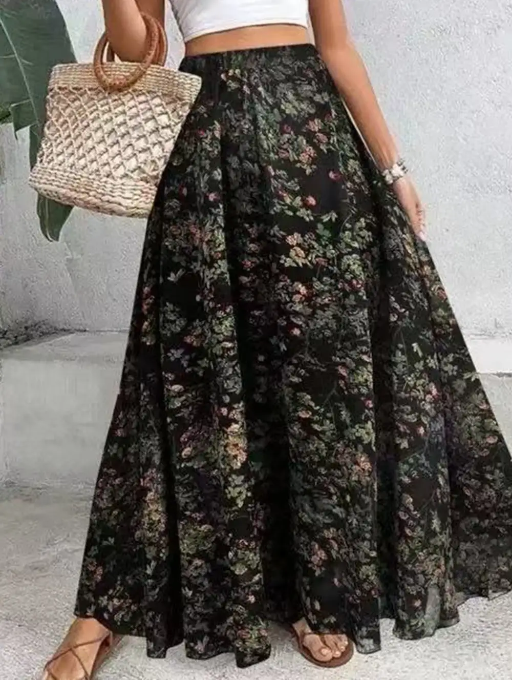 Printed Flare Midi Skirt