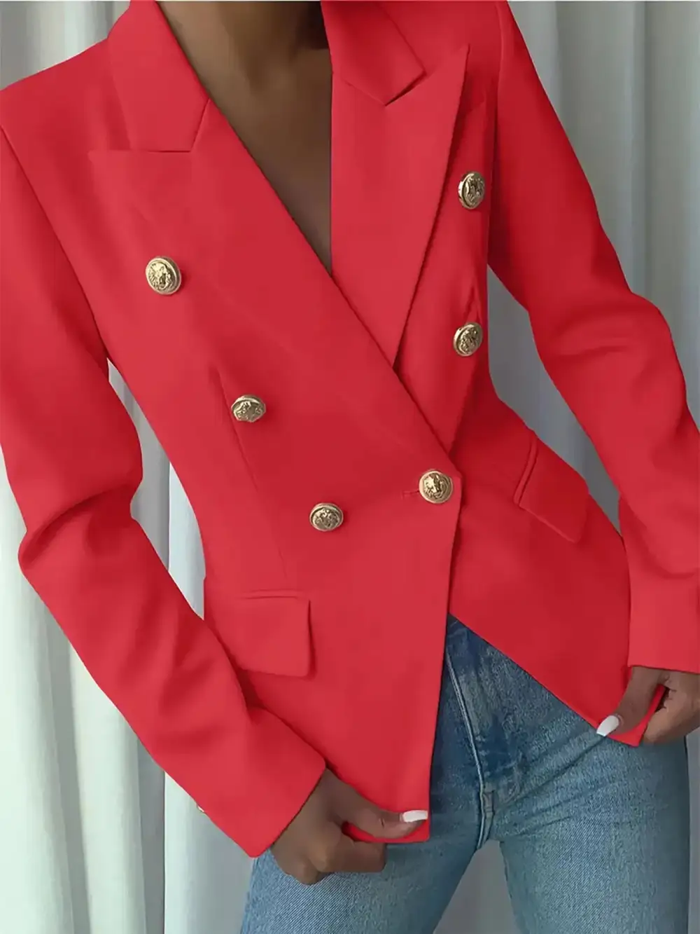 Double-Breasted Lapel-Collar Blazer